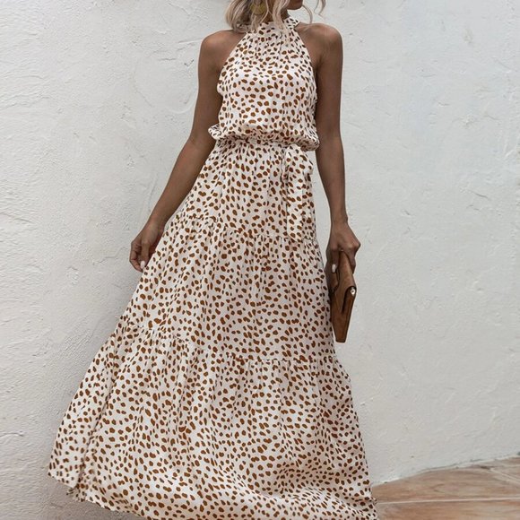 Dalmatian Print Ruffle Hem Belted Halter Dress - Picture 2 of 9